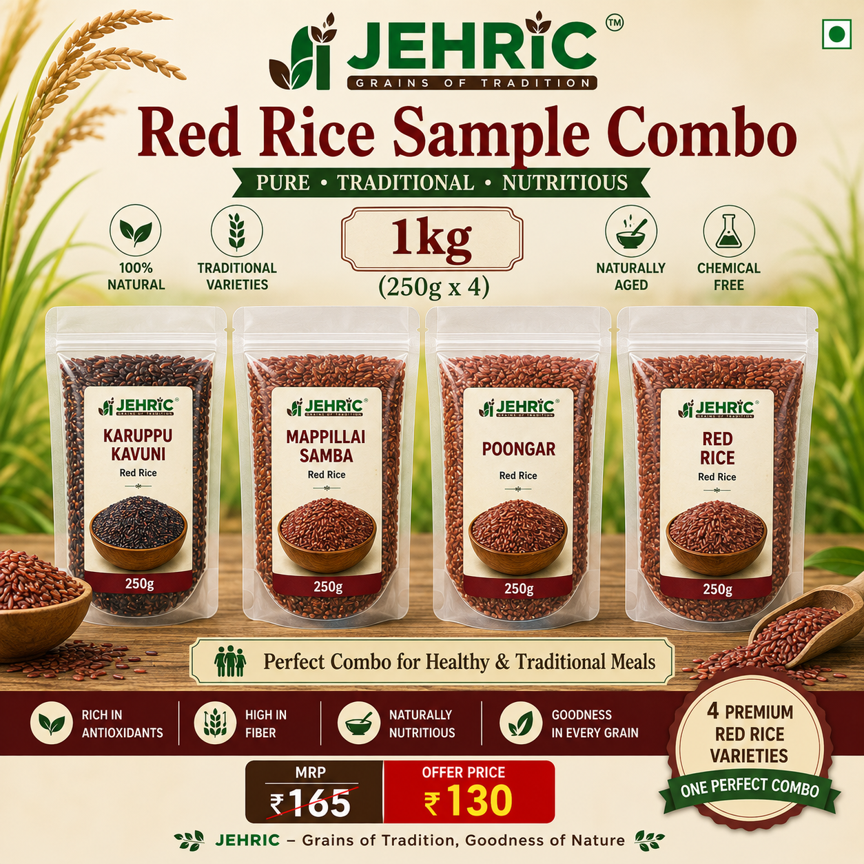 Red Rice Sample Combo (1kg): Karuppu Kavuni, Mappillai Samba, Poongar & Red Rice (250g each)