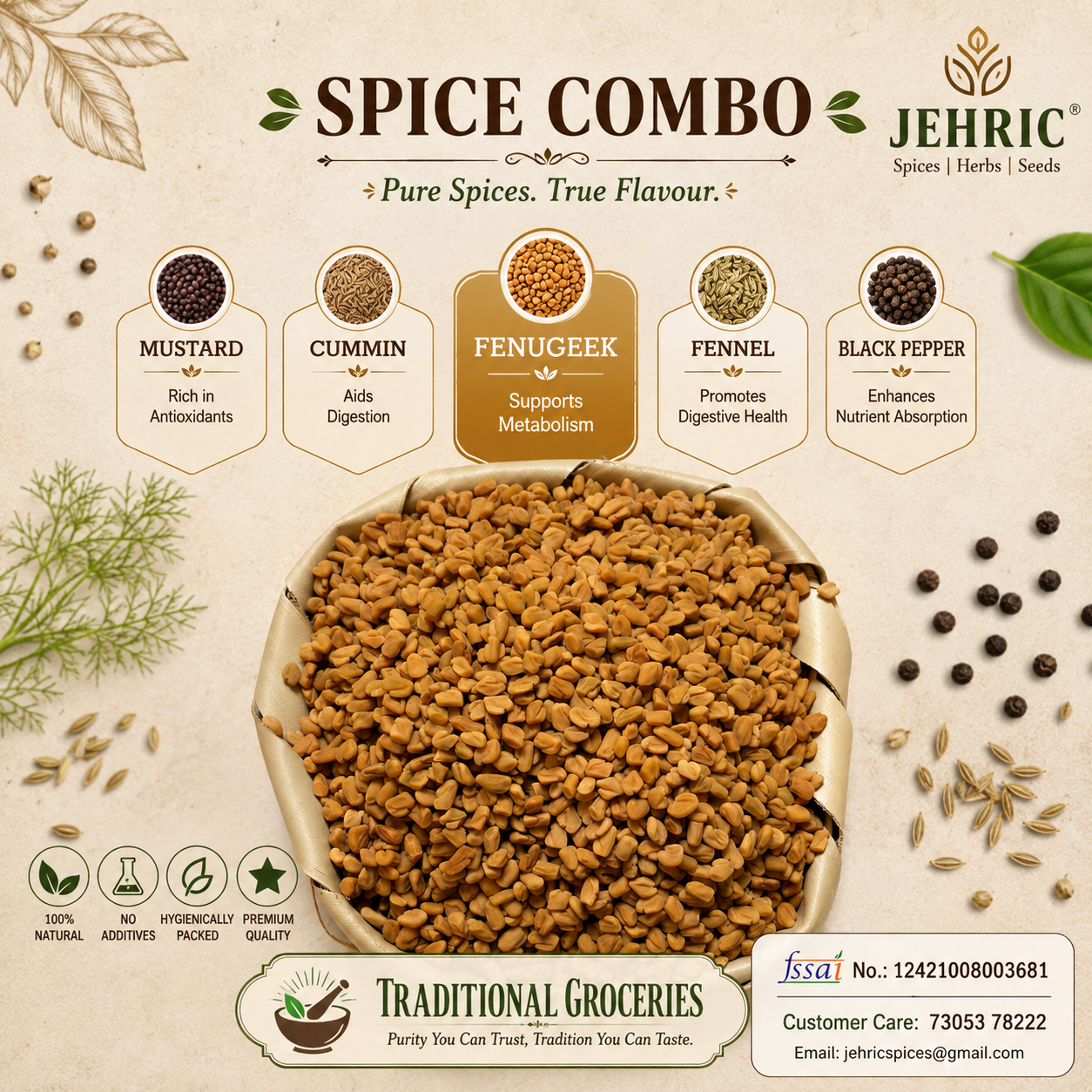 Spice Combo | Mustard, Cummin, Fenugreek, Fennel & Black Pepper (100g each)