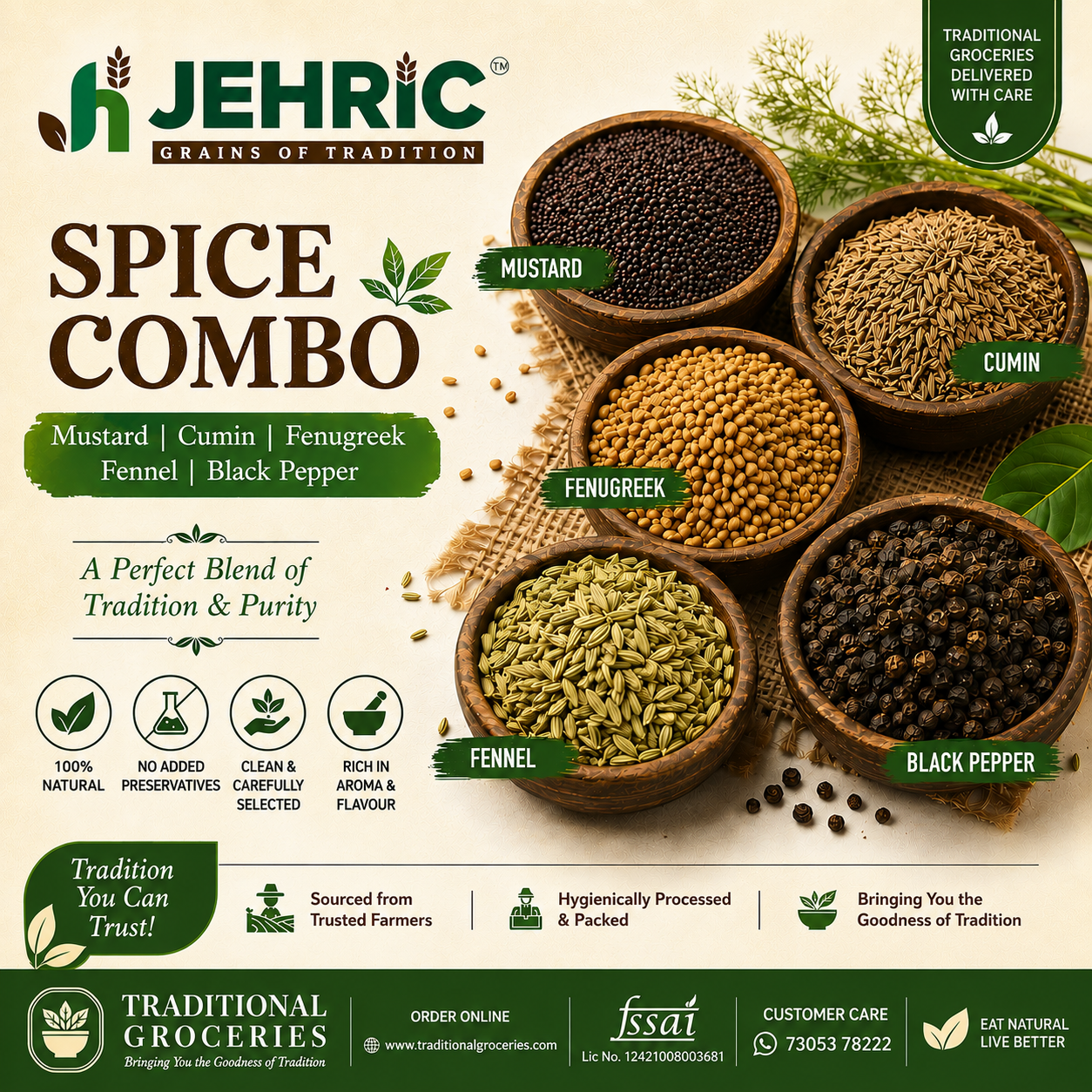 Spice Combo | Mustard, Cummin, Fenugreek, Fennel & Black Pepper (100g each)